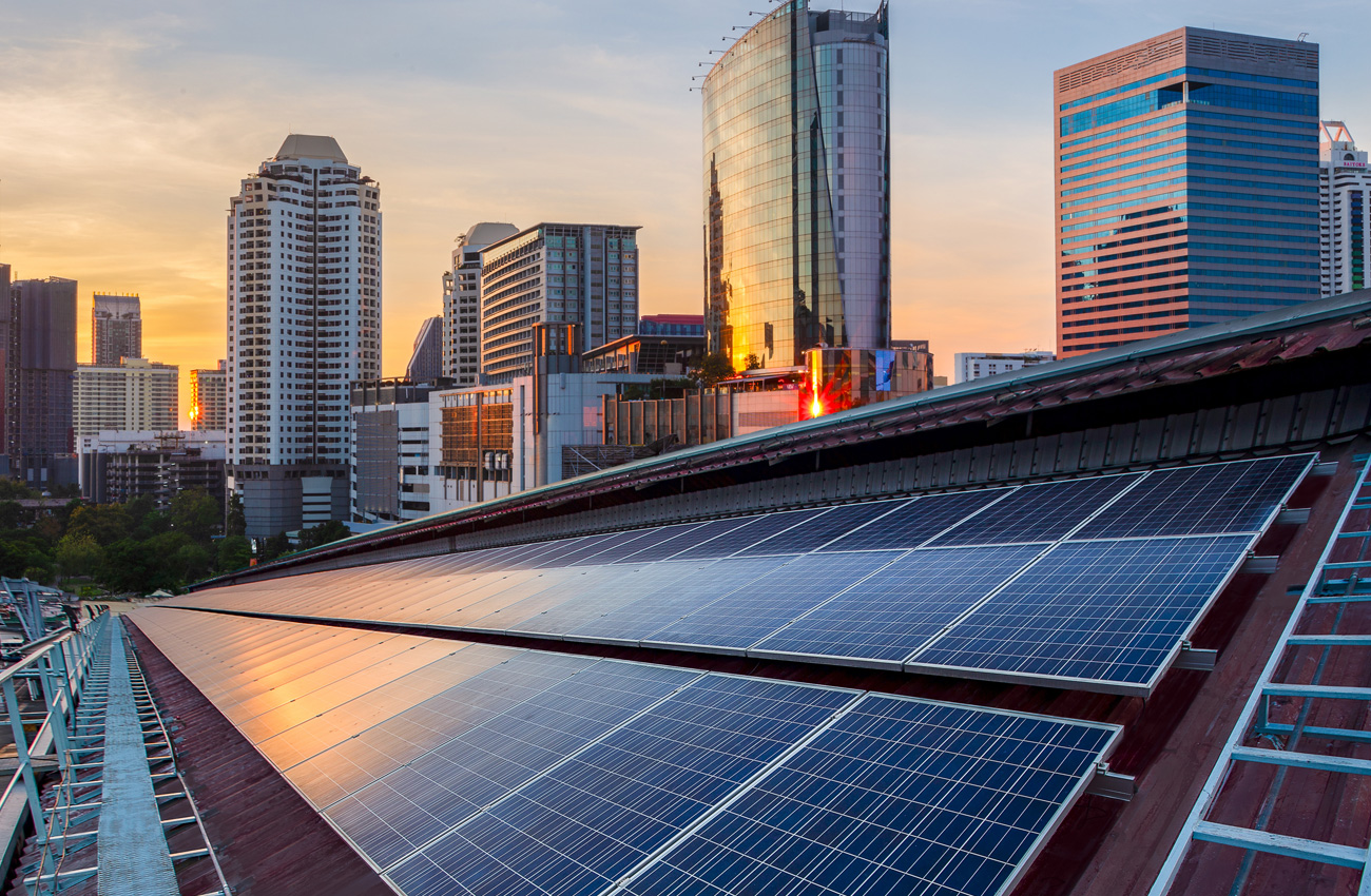 Solar panels in a cityscape
