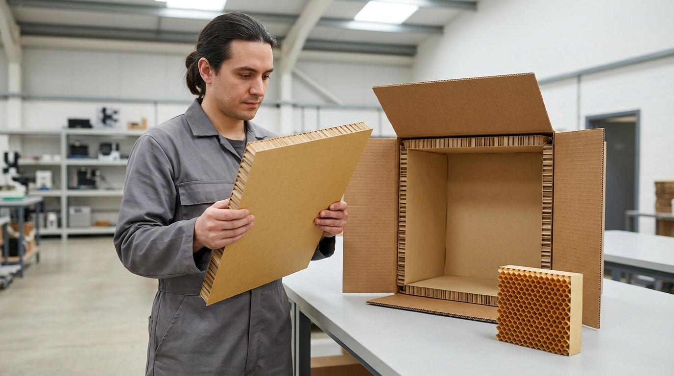 EPS alternative food packaging — packaging engineer examining a paper honeycomb thermal liner inside a chilled food box