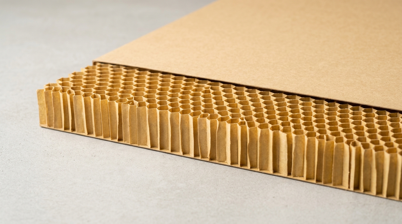 Paper honeycomb packaging — close-up cross-section showing the hexagonal cell structure of a recycled paper honeycomb sheet