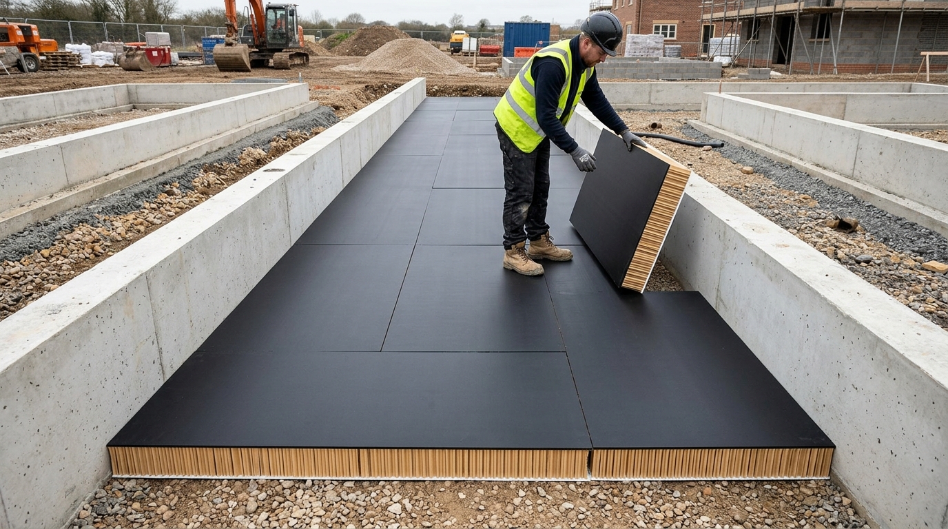 BBA certified void former — Clayboard KN30 paper honeycomb panels installed in a foundation trench between concrete ground beams on a UK clay-soil site