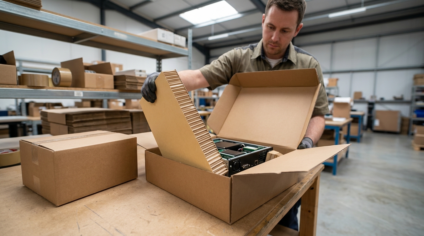 Electronics packaging EPS alternative — engineered paper honeycomb cradle fitted around a high-value electronic unit in a UK packing facility