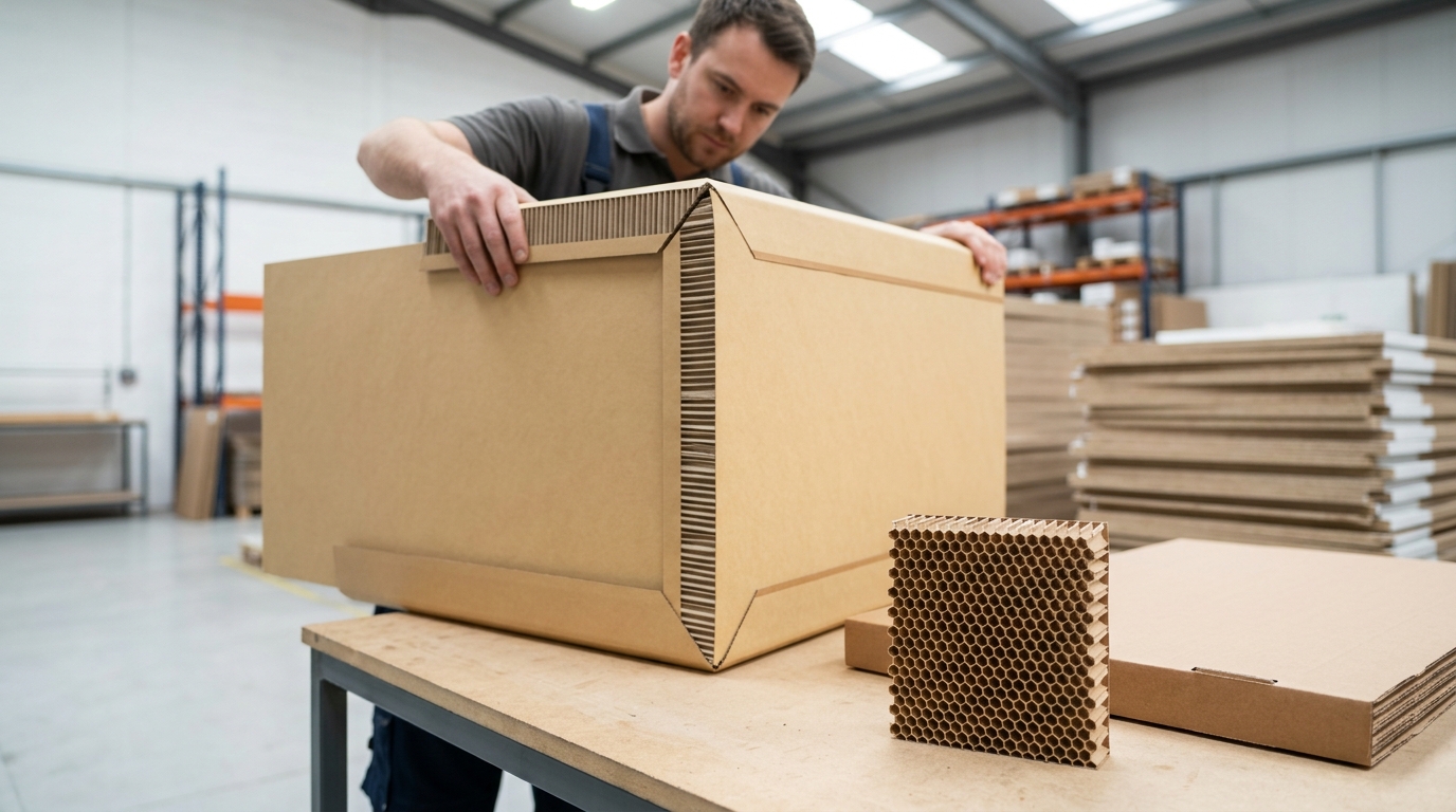 Furniture packaging without polystyrene — engineered paper honeycomb corner protector on a flat-pack furniture panel in a UK packing area