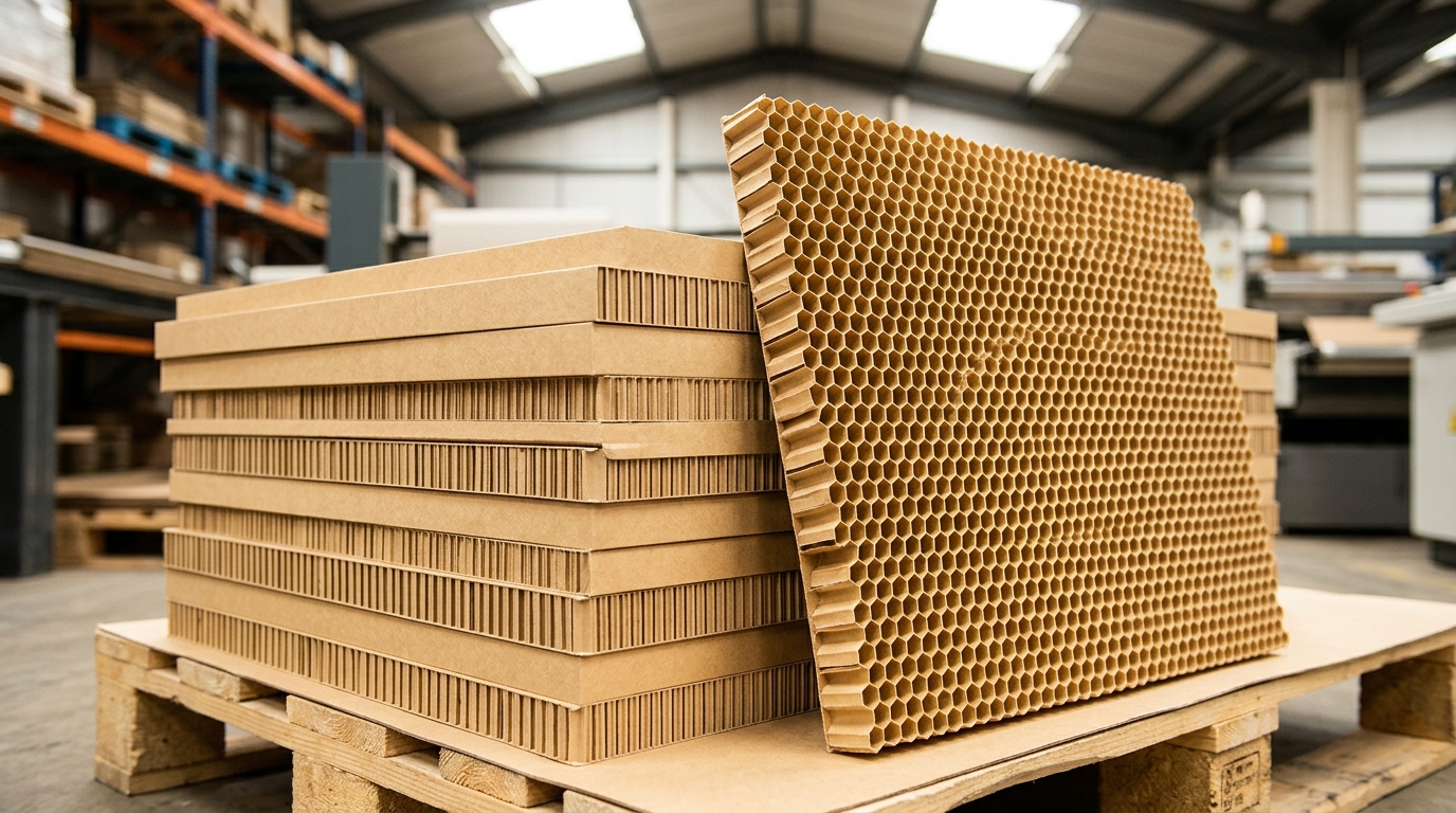 Honeycomb cardboard packaging UK — cut paper honeycomb panel showing the recycled paper hexagonal core on a pallet in a UK manufacturing facility