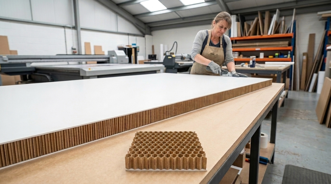 recyclable exhibition stand boards — a display designer cutting an Ultra Board paper honeycomb panel in a UK workshop