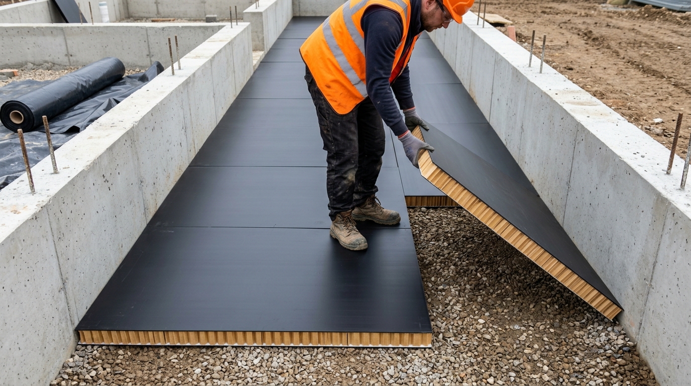 Void former for clay soil foundations — Clayboard paper honeycomb panels laid in a foundation trench between concrete ground beams on a UK construction site