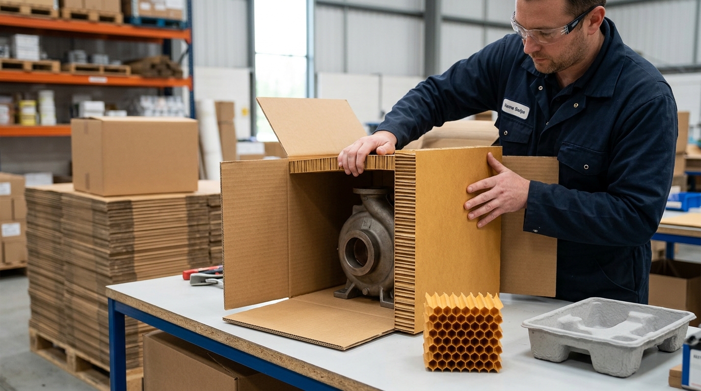 Moulded pulp alternative packaging — an engineered paper honeycomb insert fitted around a heavy product beside a moulded pulp tray in a UK packing facility