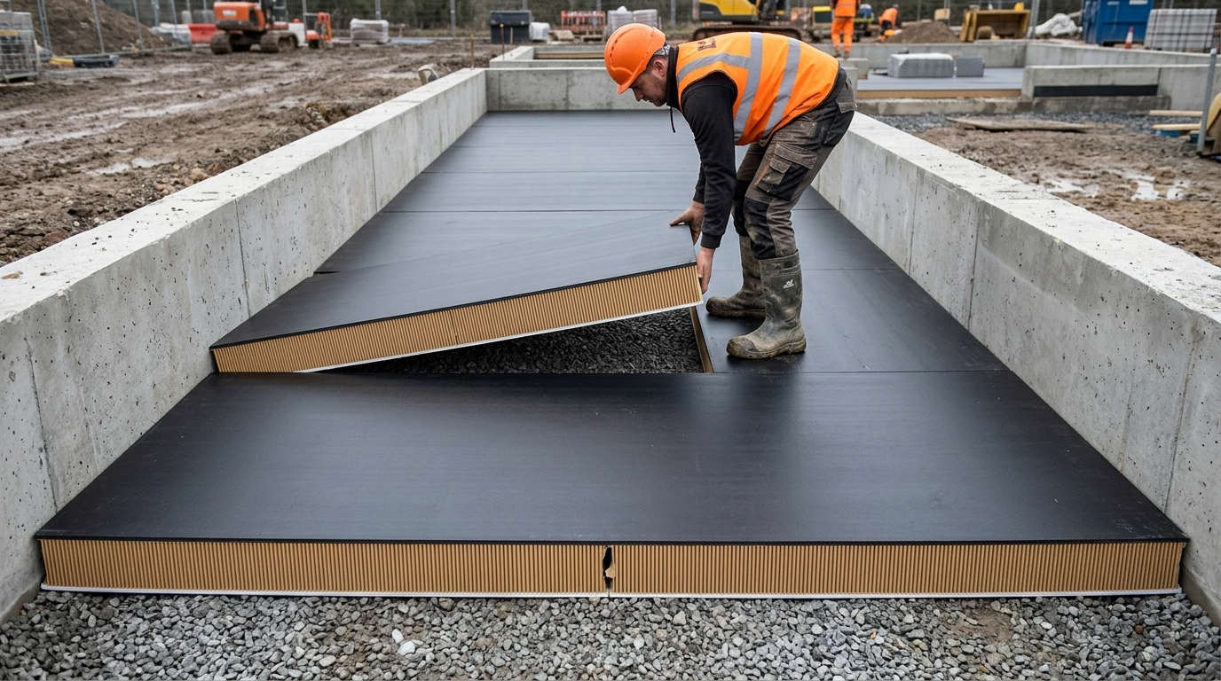 Void former for ground beams — Clayboard KN30 paper honeycomb panels laid on the trench floor between concrete ground beams on a UK clay-belt site