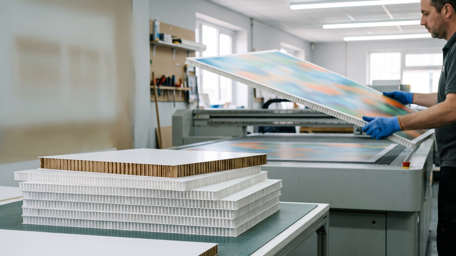 Eco-friendly boards for printing: a printed paper honeycomb display board on a flatbed printer in a UK print workshop